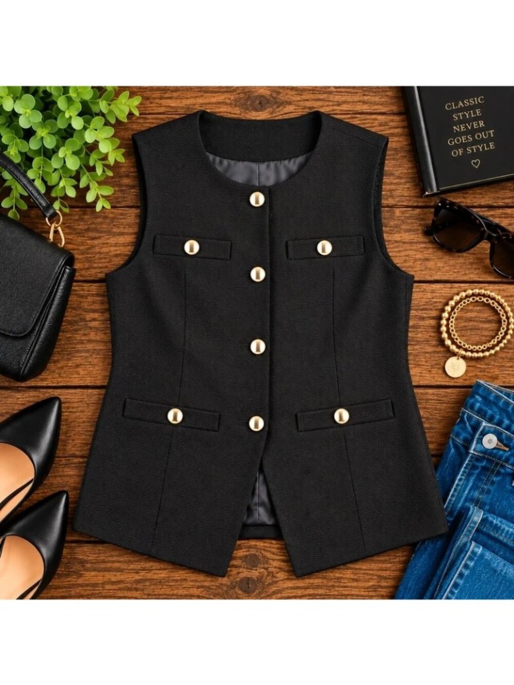NWT Talbots Petite Black Textured Long Vest Gold Buttons Size 6P